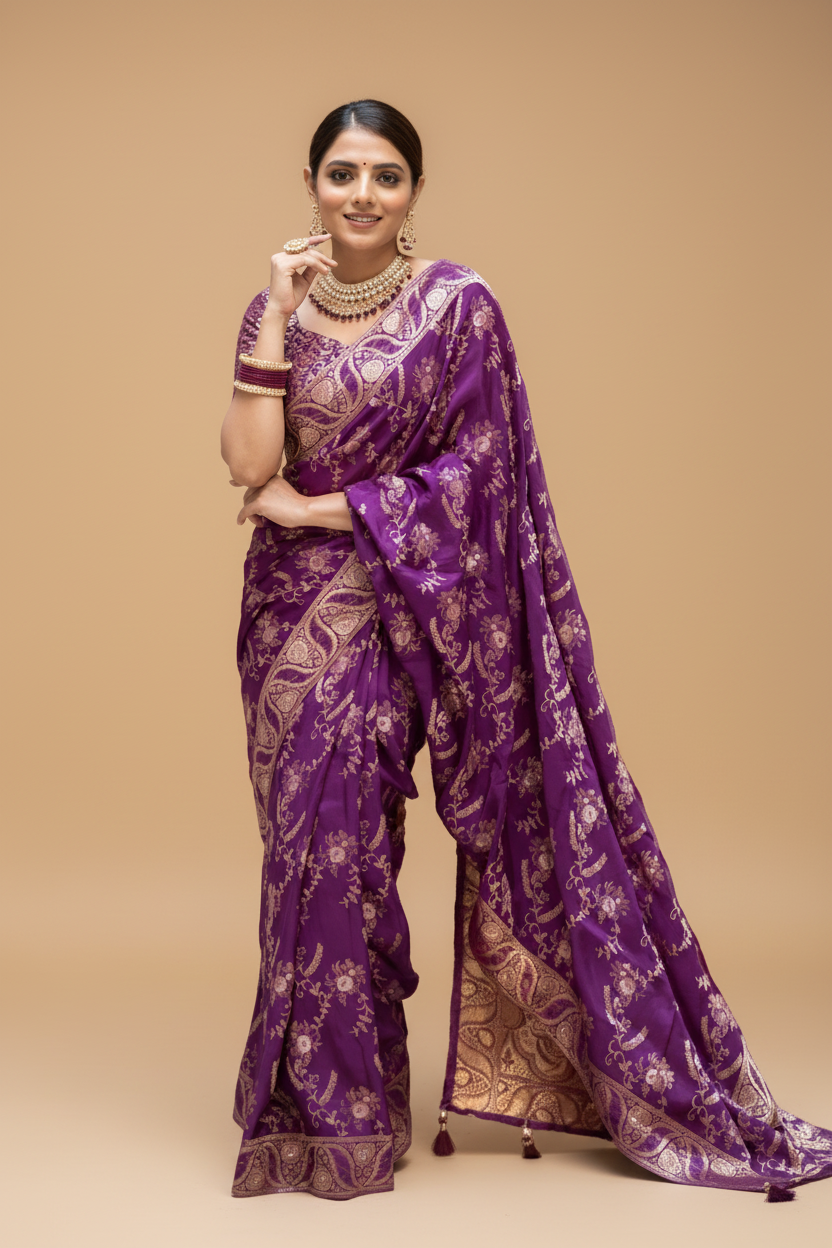 Snuggle Spot Women's Silk Printed Saree With Unstitched Blouse 5.5Mtr (Purple)
