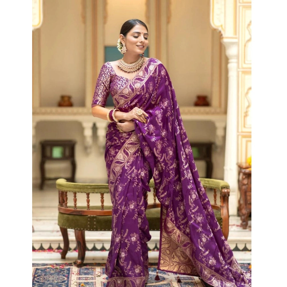 Snuggle Spot Women's Silk Printed Saree With Unstitched Blouse 5.5Mtr (Purple)