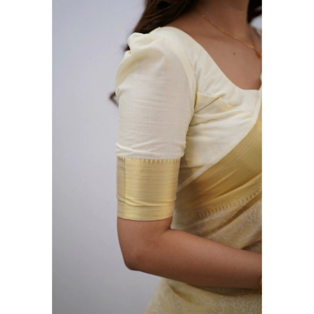 Snuggle Spot Women's Silk Printed Saree With Unstitched Blouse 5.5Mtr (Cream)