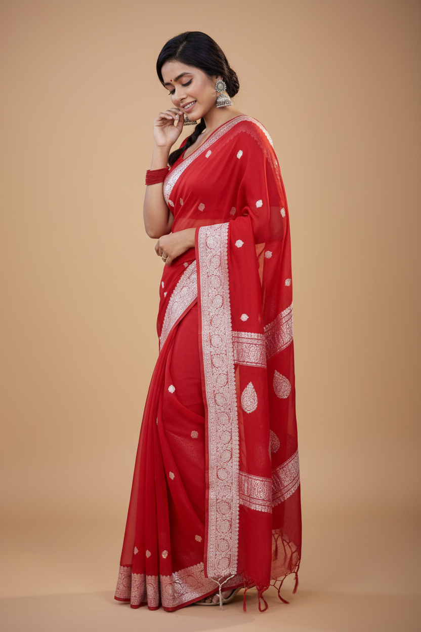 Snuggle Spot Women's Cotton  Printed Saree With Unstitched Blouse 5.5Mtr (Red)