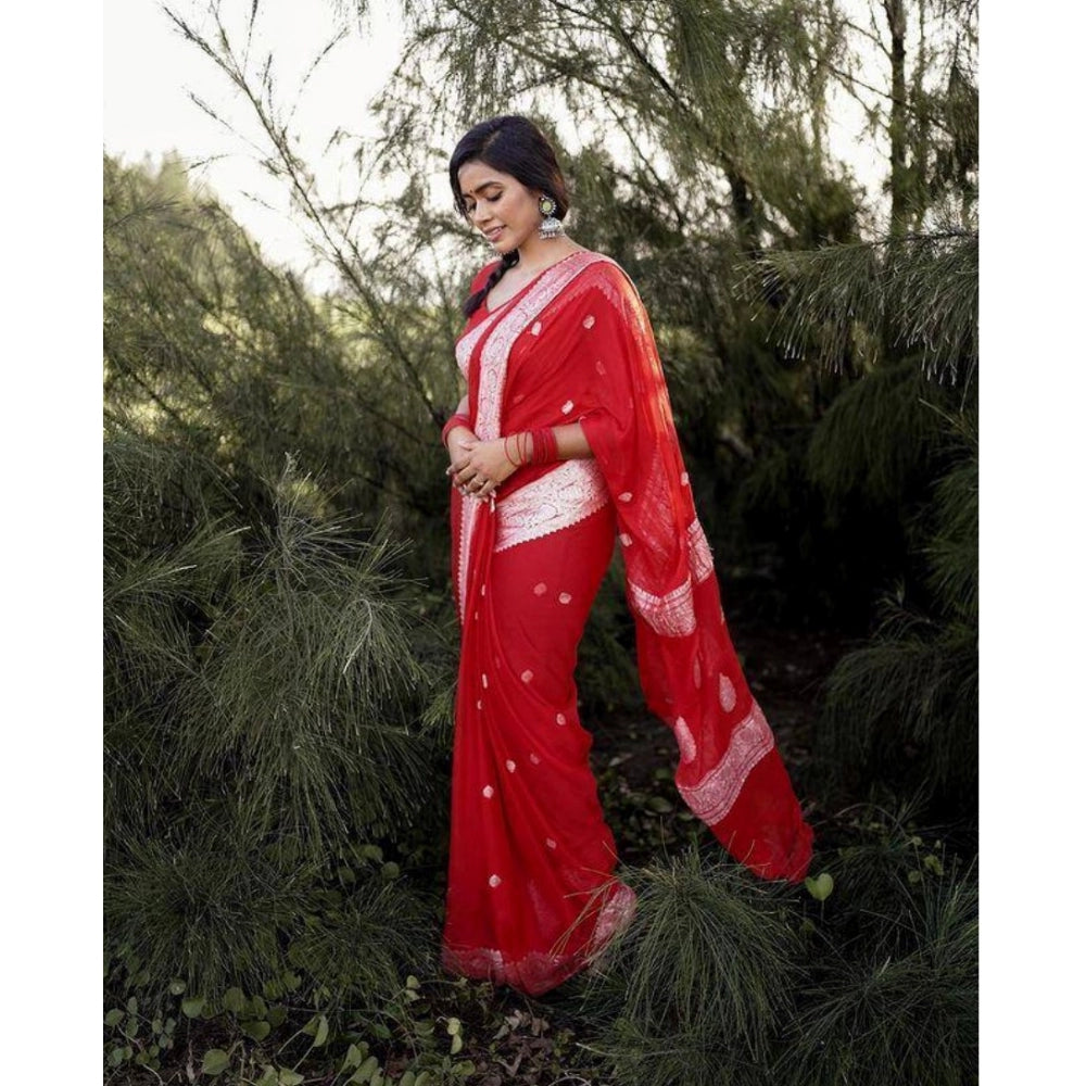 Snuggle Spot Women's Cotton  Printed Saree With Unstitched Blouse 5.5Mtr (Red)