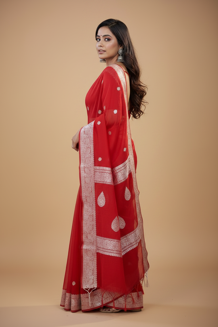 Snuggle Spot Women's Cotton  Printed Saree With Unstitched Blouse 5.5Mtr (Red)