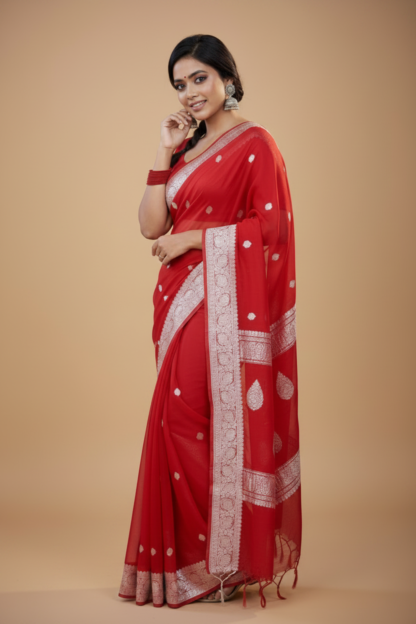 Snuggle Spot Women's Cotton  Printed Saree With Unstitched Blouse 5.5Mtr (Red)