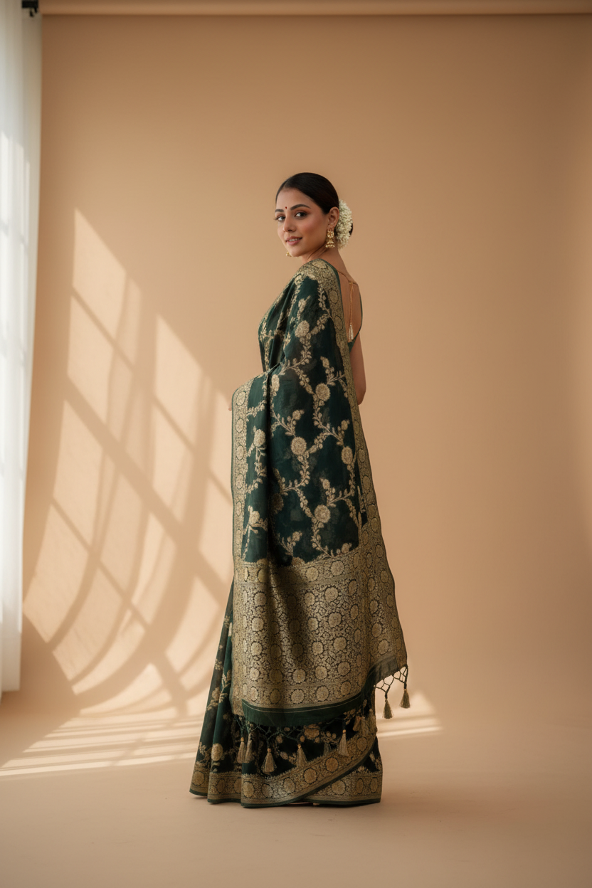 Snuggle Spot Women's Silk Printed Saree With Unstitched Blouse 5.5Mtr (Dark Green)