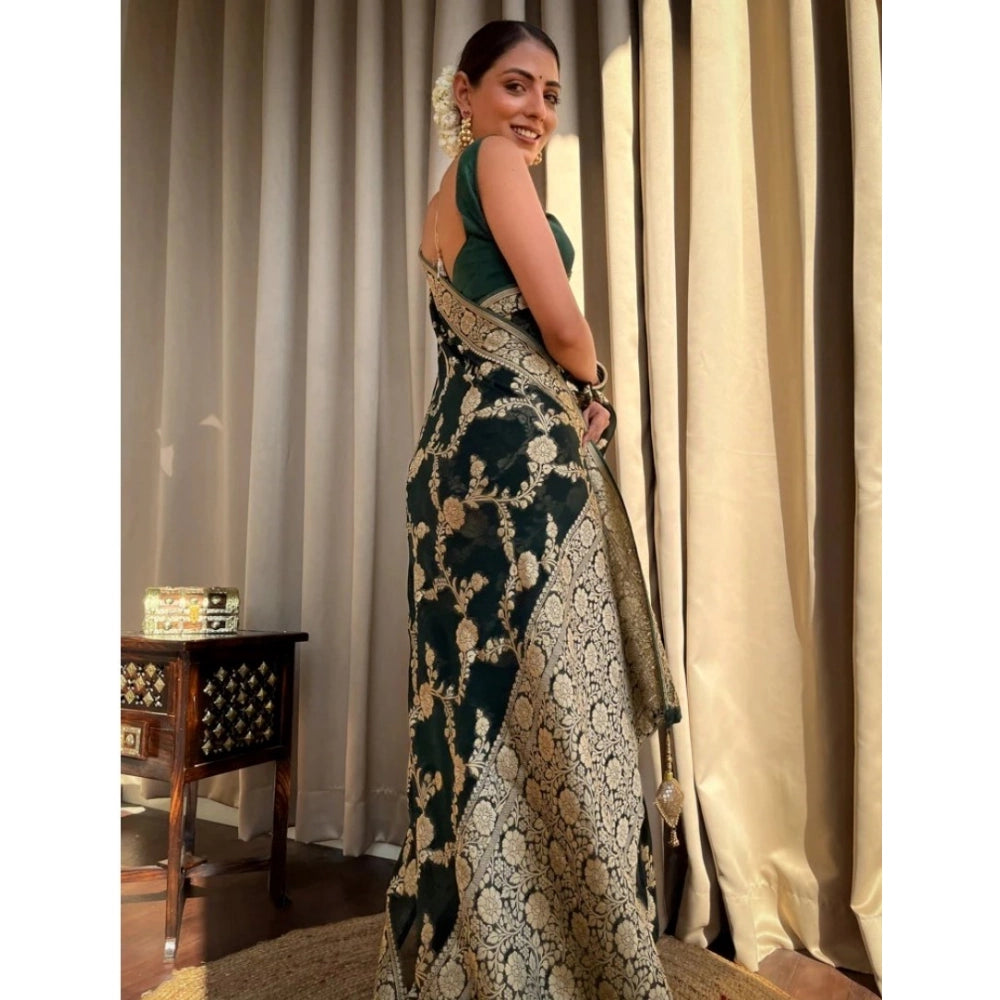 Snuggle Spot Women's Silk Printed Saree With Unstitched Blouse 5.5Mtr (Dark Green)