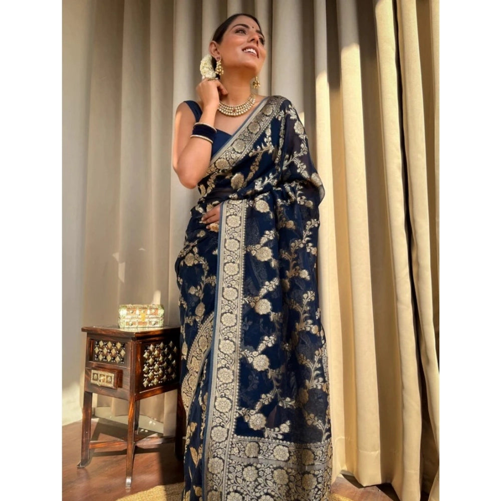 Snuggle Spot Women's Silk Printed Saree With Unstitched Blouse 5.5Mtr (Dark Blue)