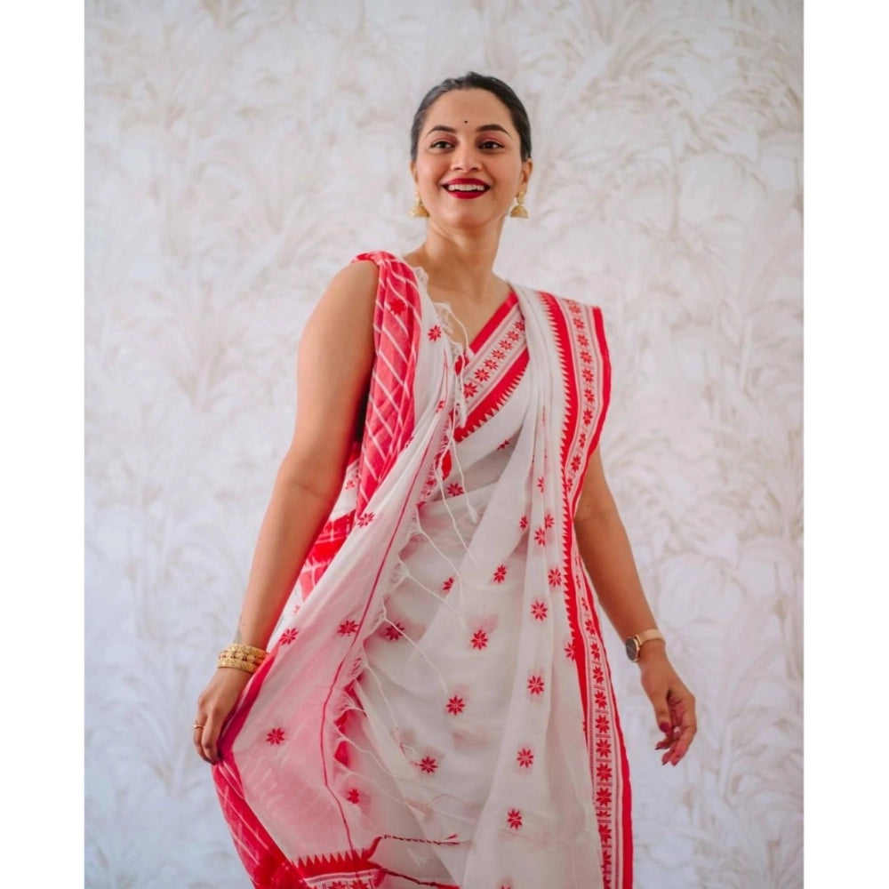 Snuggle Spot Women's Cotton  Printed Saree With Unstitched Blouse 5.5Mtr (White-Pink)