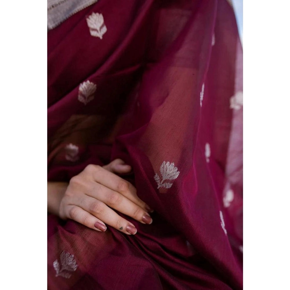 Snuggle Spot Women's Cotton  Printed Saree With Unstitched Blouse 5.5Mtr (Maroon)