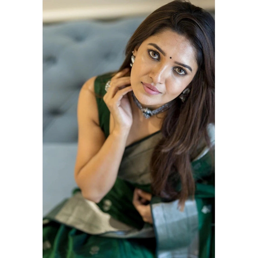 Snuggle Spot Women's Cotton  Printed Saree With Unstitched Blouse 5.5Mtr (Green)