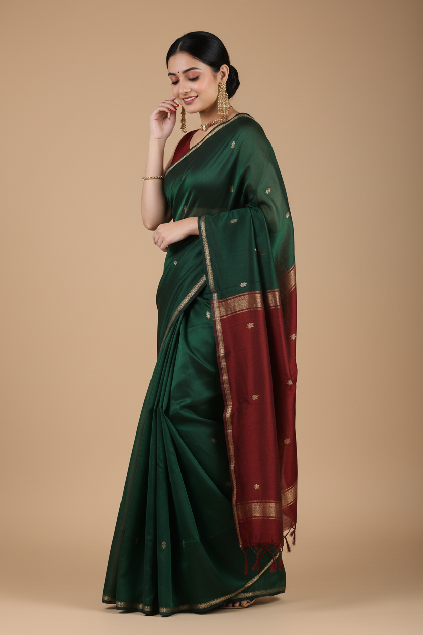 Snuggle Spot Women's Cotton  Printed Saree With Unstitched Blouse 5.5Mtr (Dark Green)
