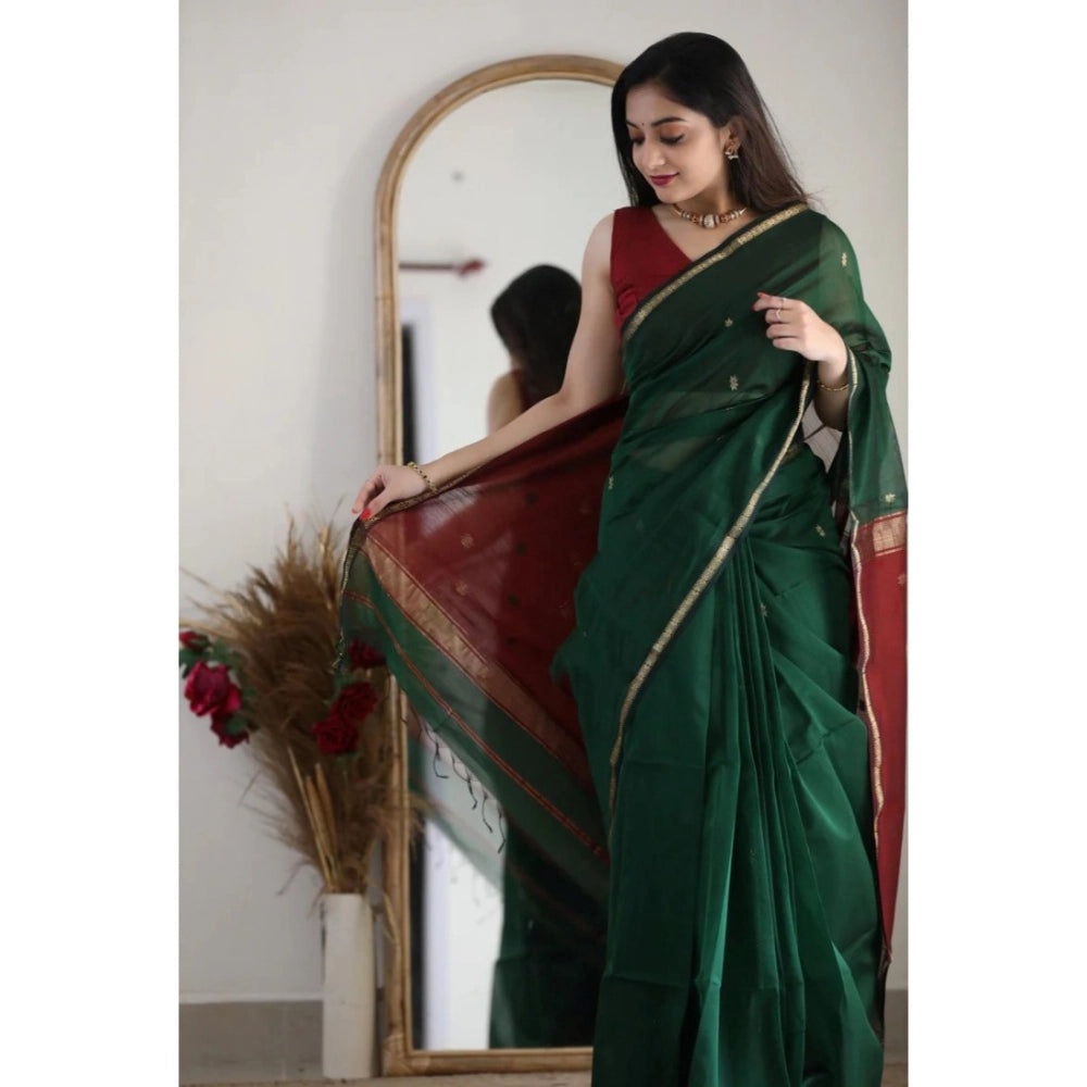 Snuggle Spot Women's Cotton  Printed Saree With Unstitched Blouse 5.5Mtr (Dark Green)