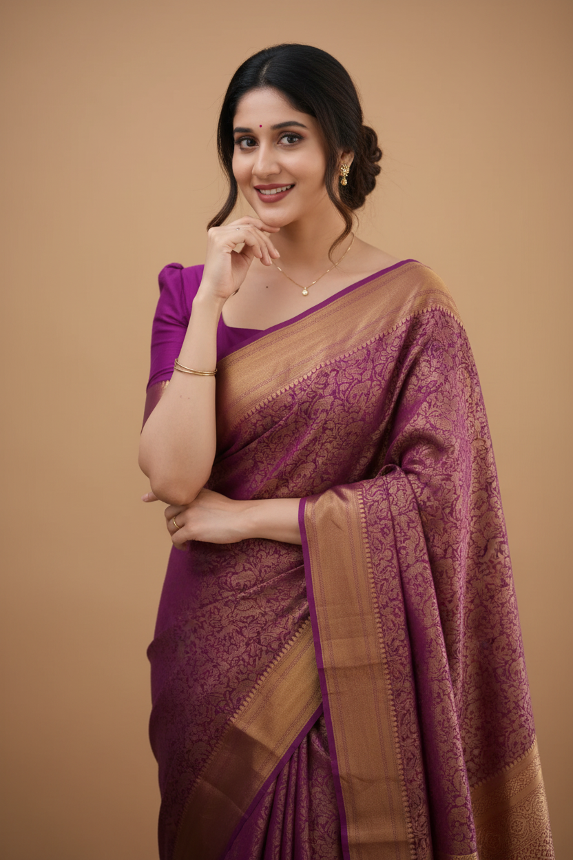Snuggle Spot Women's Silk Printed Saree With Unstitched Blouse 5.5Mtr (Wine)