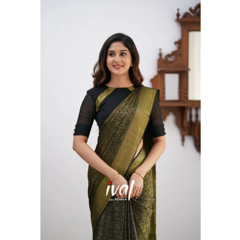 Snuggle Spot Women's Silk Printed Saree With Unstitched Blouse 5.5Mtr (Black)
