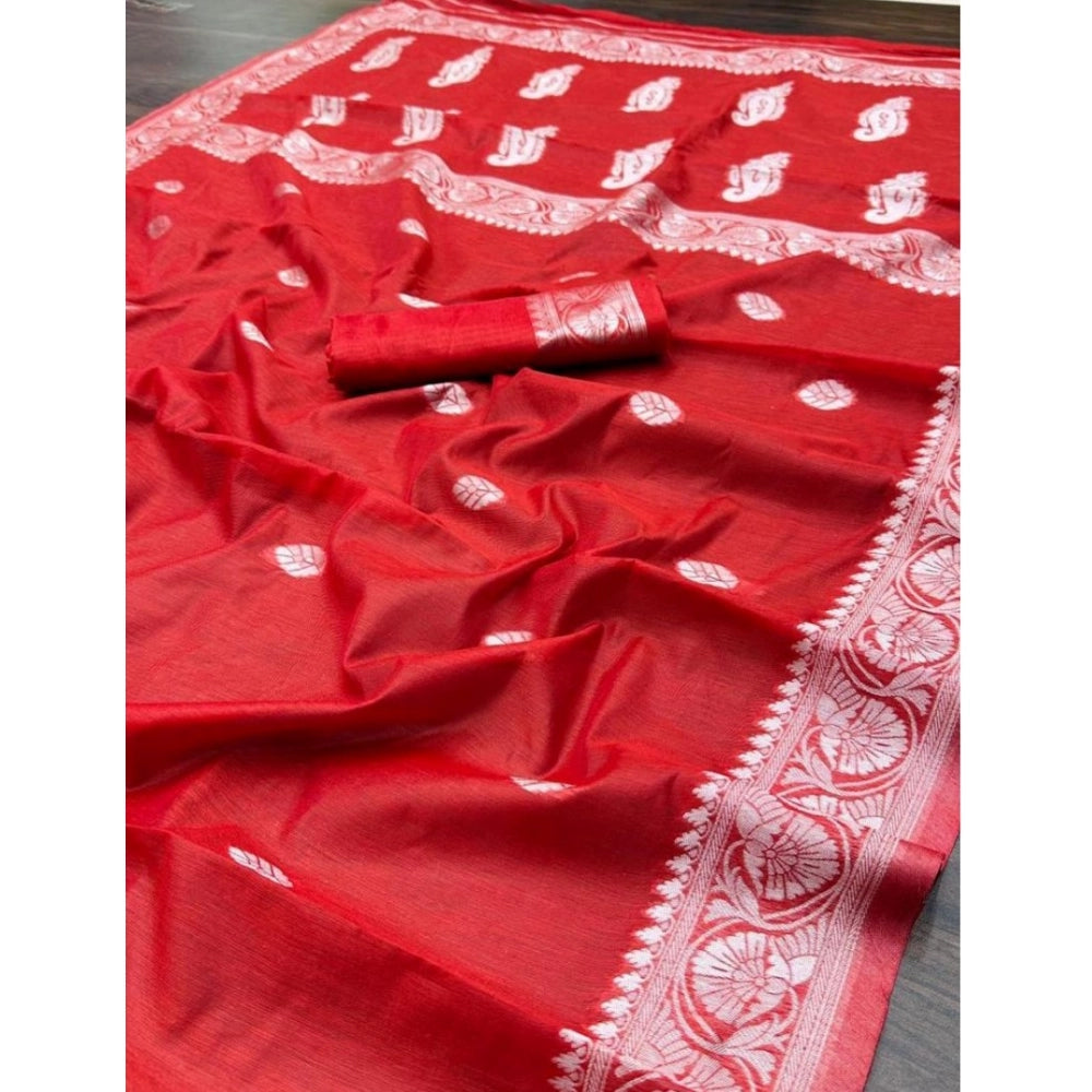 Snuggle Spot Women's Cotton  Printed Saree With Unstitched Blouse 5.5Mtr (Red)