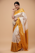 Snuggle Spot Women's Silk Printed Saree With Unstitched Blouse 5.5Mtr (Off White-Yellow)