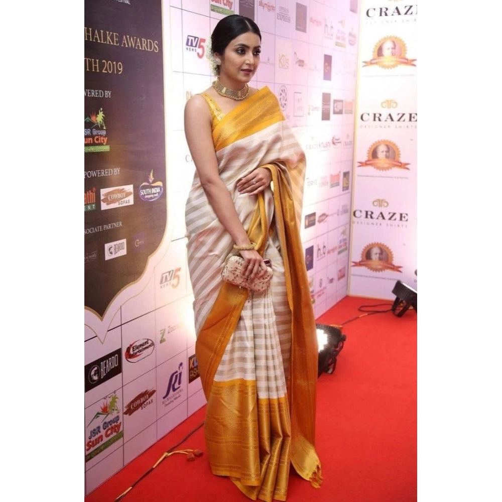 Snuggle Spot Women's Silk Printed Saree With Unstitched Blouse 5.5Mtr (Off White-Yellow)