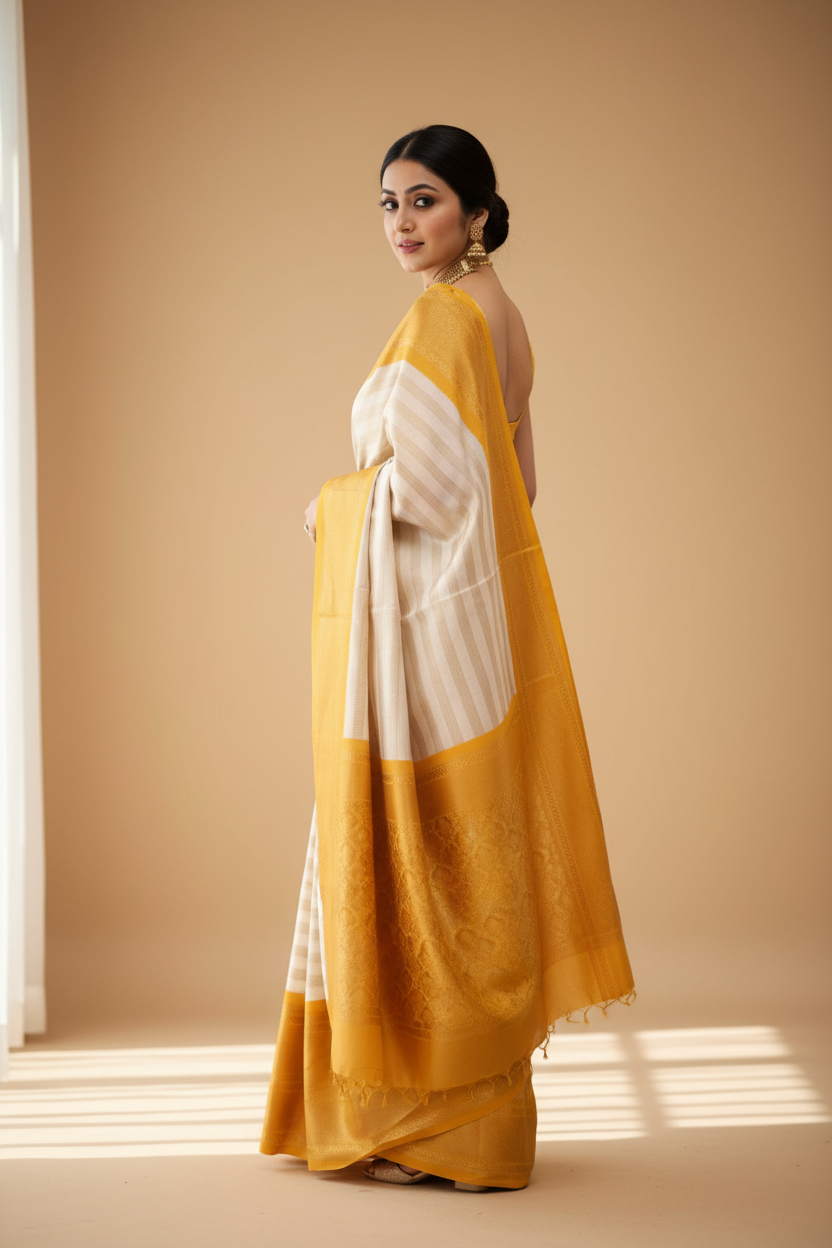 Snuggle Spot Women's Silk Printed Saree With Unstitched Blouse 5.5Mtr (Off White-Yellow)
