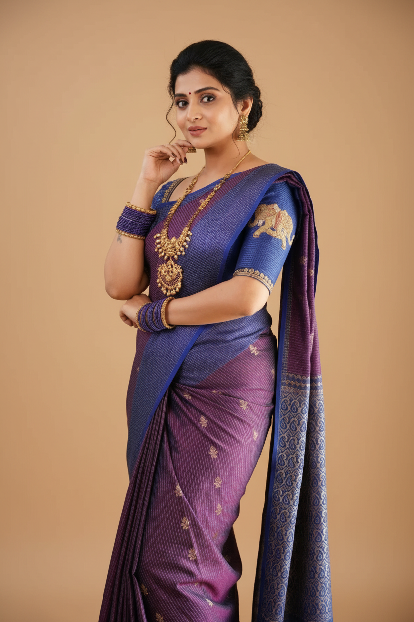 Snuggle Spot Women's Silk Printed Saree With Unstitched Blouse 5.5Mtr (Purple)