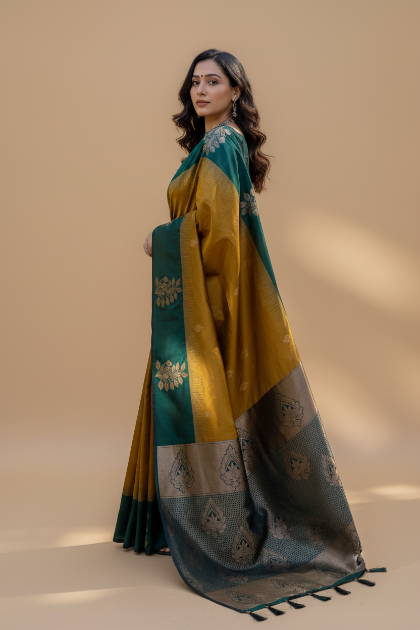 Snuggle Spot Women's Silk Printed Saree With Unstitched Blouse 5.5Mtr (Yellow)