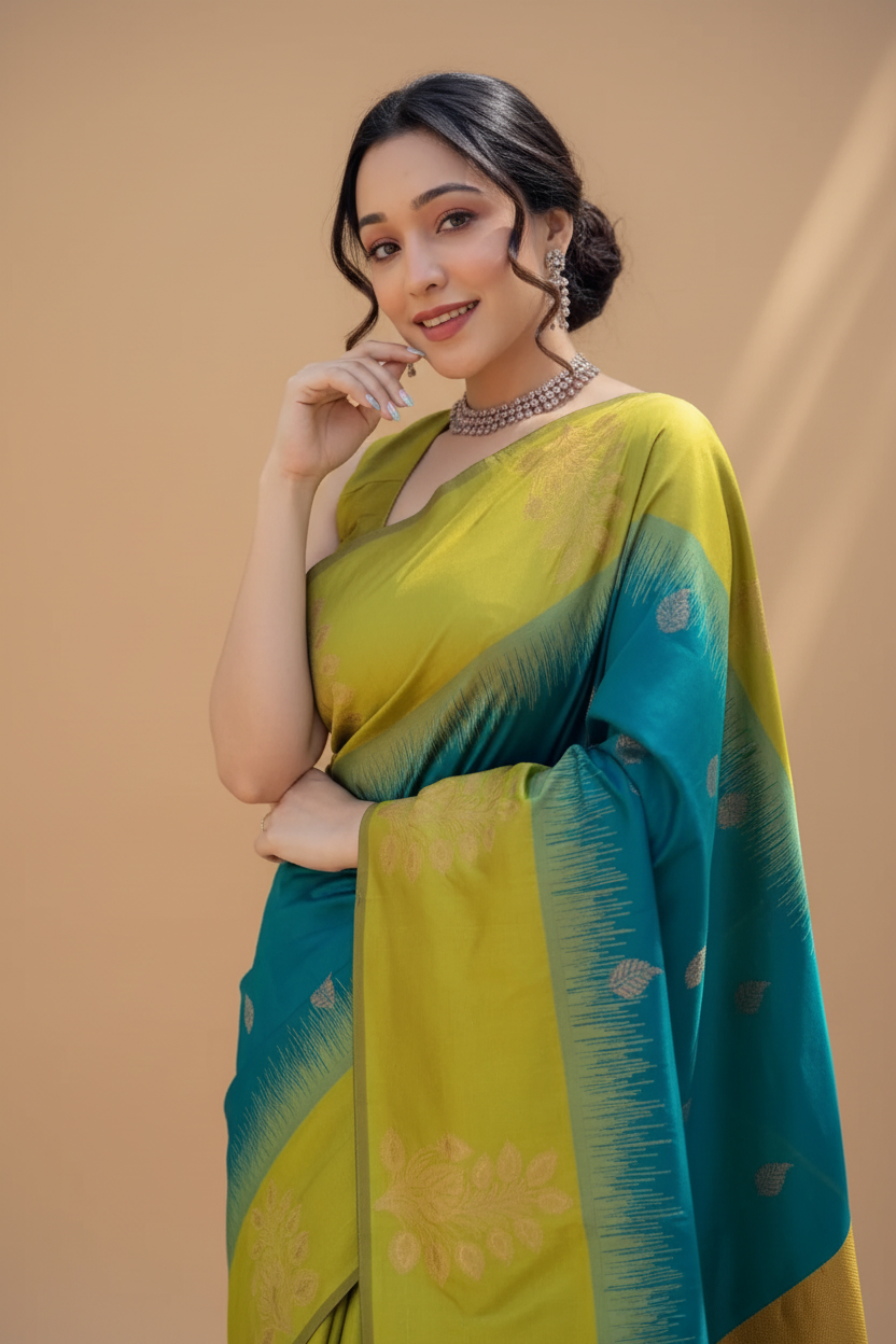 Snuggle Spot Women's Silk Printed Saree With Unstitched Blouse 5.5Mtr (Rama)