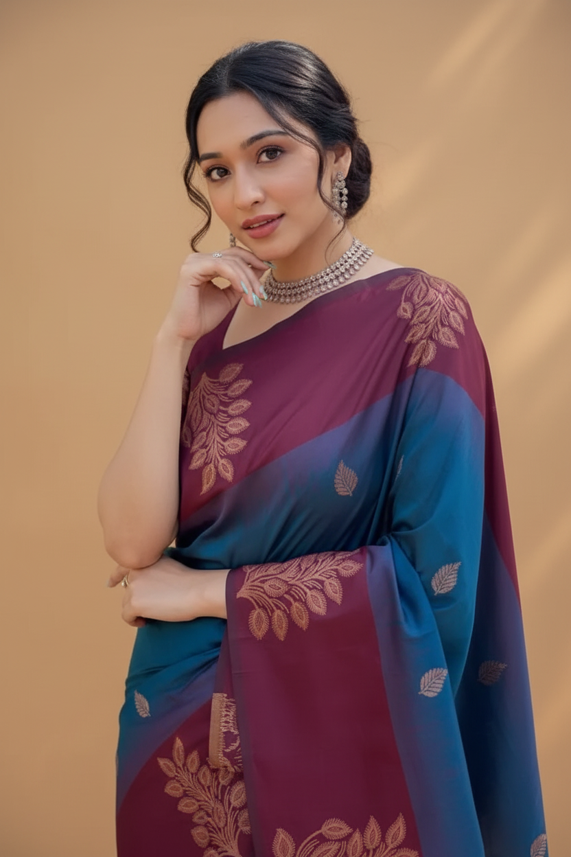 Snuggle Spot Women's Silk Printed Saree With Unstitched Blouse 5.5Mtr (Blue)