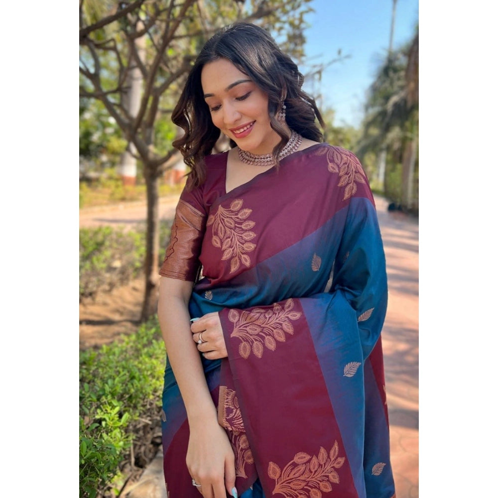 Snuggle Spot Women's Silk Printed Saree With Unstitched Blouse 5.5Mtr (Blue)