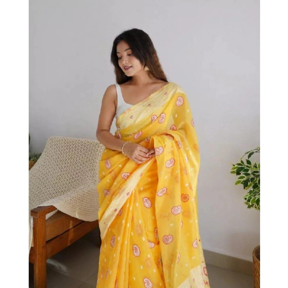 Snuggle Spot Women's Cotton  Printed Saree With Unstitched Blouse 5.5Mtr (Yellow)