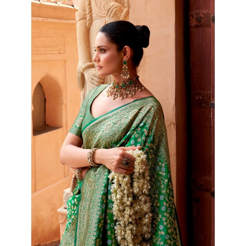 Snuggle Spot Women's Silk Printed Saree With Unstitched Blouse 5.5Mtr (Green)