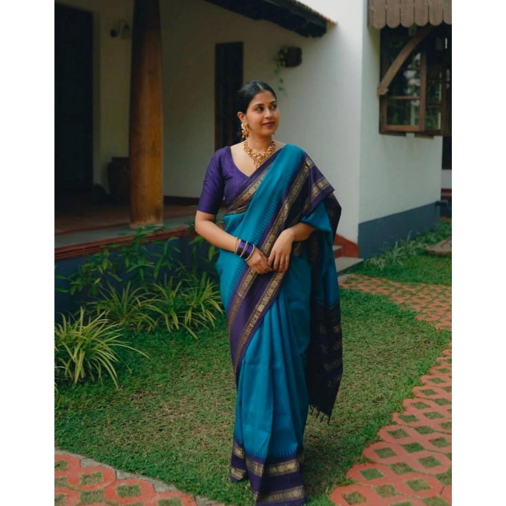 Snuggle Spot Women's Silk Printed Saree With Unstitched Blouse 5.5Mtr (Blue)