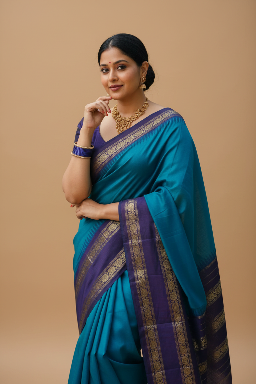 Snuggle Spot Women's Silk Printed Saree With Unstitched Blouse 5.5Mtr (Blue)