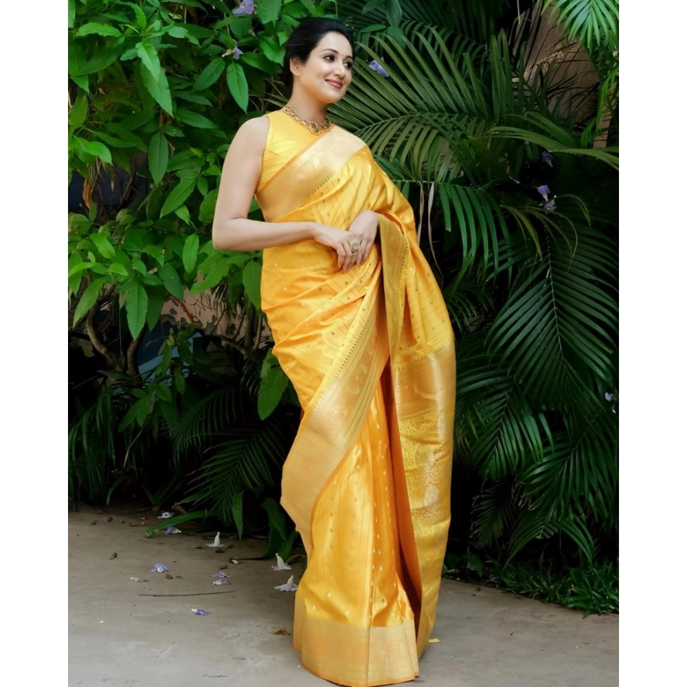Snuggle Spot Women's Silk Printed Saree With Unstitched Blouse 5.5Mtr (Yellow)