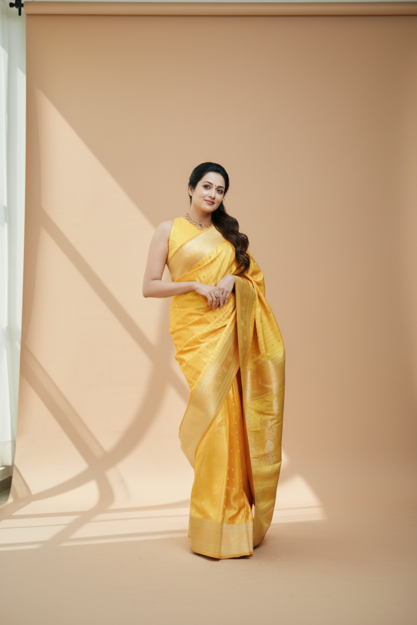 Snuggle Spot Women's Silk Printed Saree With Unstitched Blouse 5.5Mtr (Yellow)