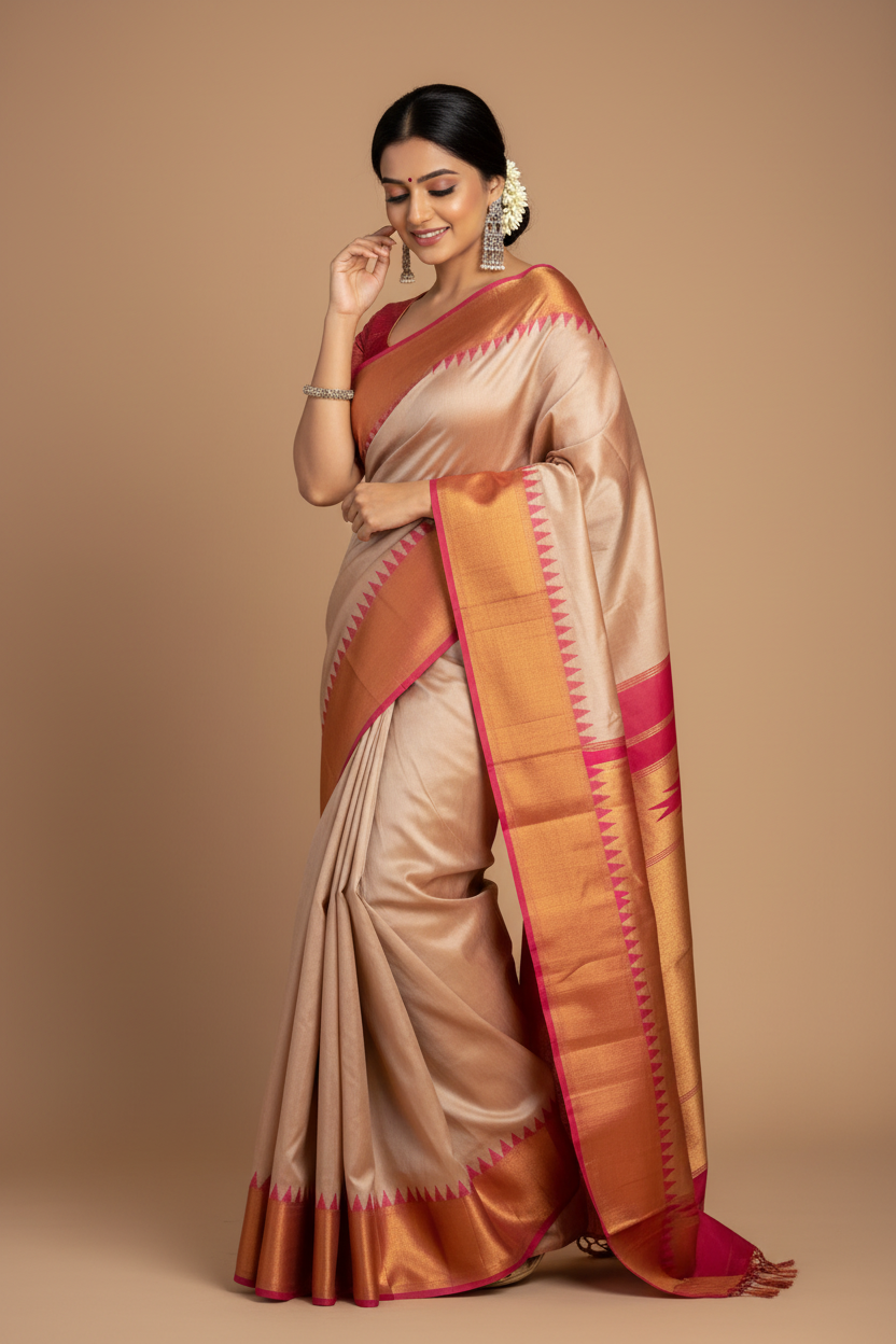 Snuggle Spot Women's Silk Printed Saree With Unstitched Blouse 5.5Mtr (Cream)