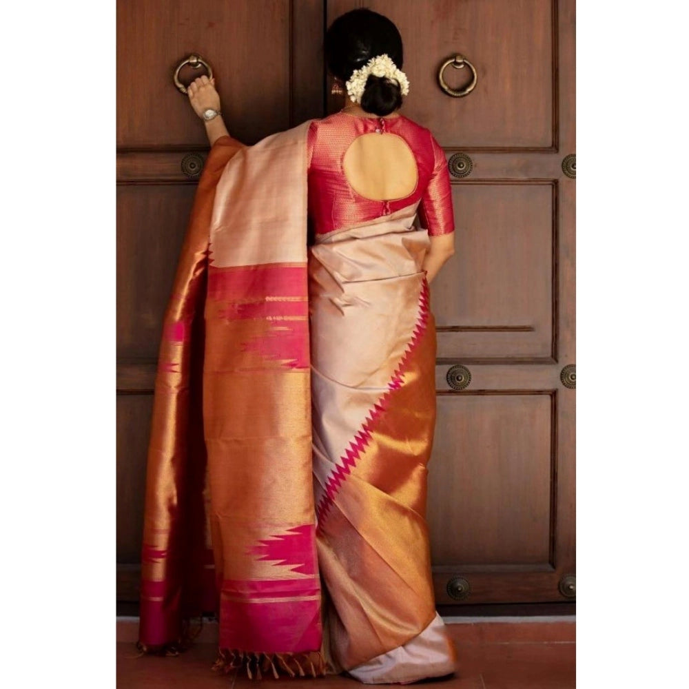 Snuggle Spot Women's Silk Printed Saree With Unstitched Blouse 5.5Mtr (Cream)