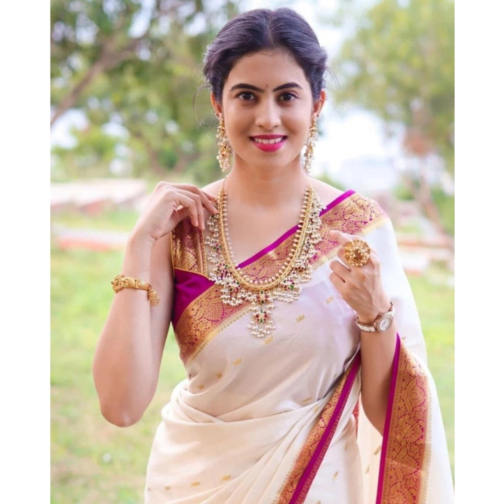 Snuggle Spot Women's Silk Printed Saree With Unstitched Blouse 5.5Mtr (White)