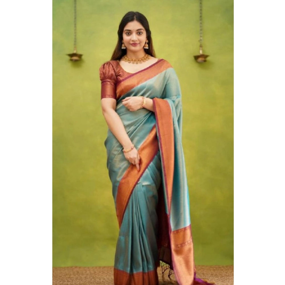 Snuggle Spot Women's Silk Printed Saree With Unstitched Blouse 5.5Mtr (Rama)