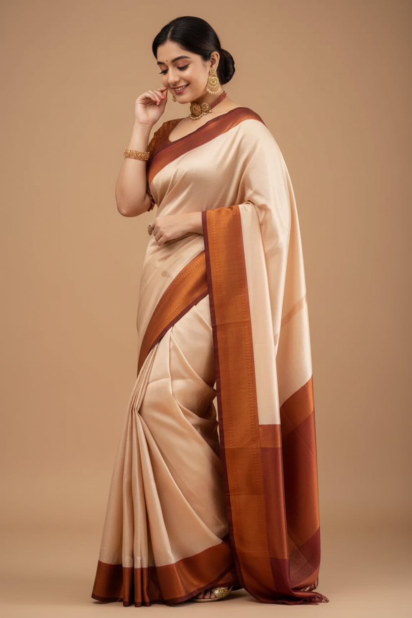 Snuggle Spot Women's Silk Printed Saree With Unstitched Blouse 5.5Mtr (Cream)