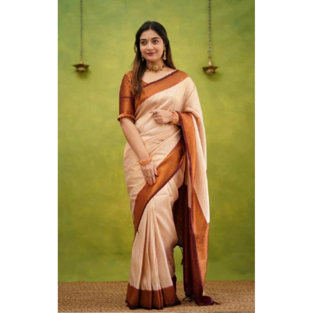 Snuggle Spot Women's Silk Printed Saree With Unstitched Blouse 5.5Mtr (Cream)