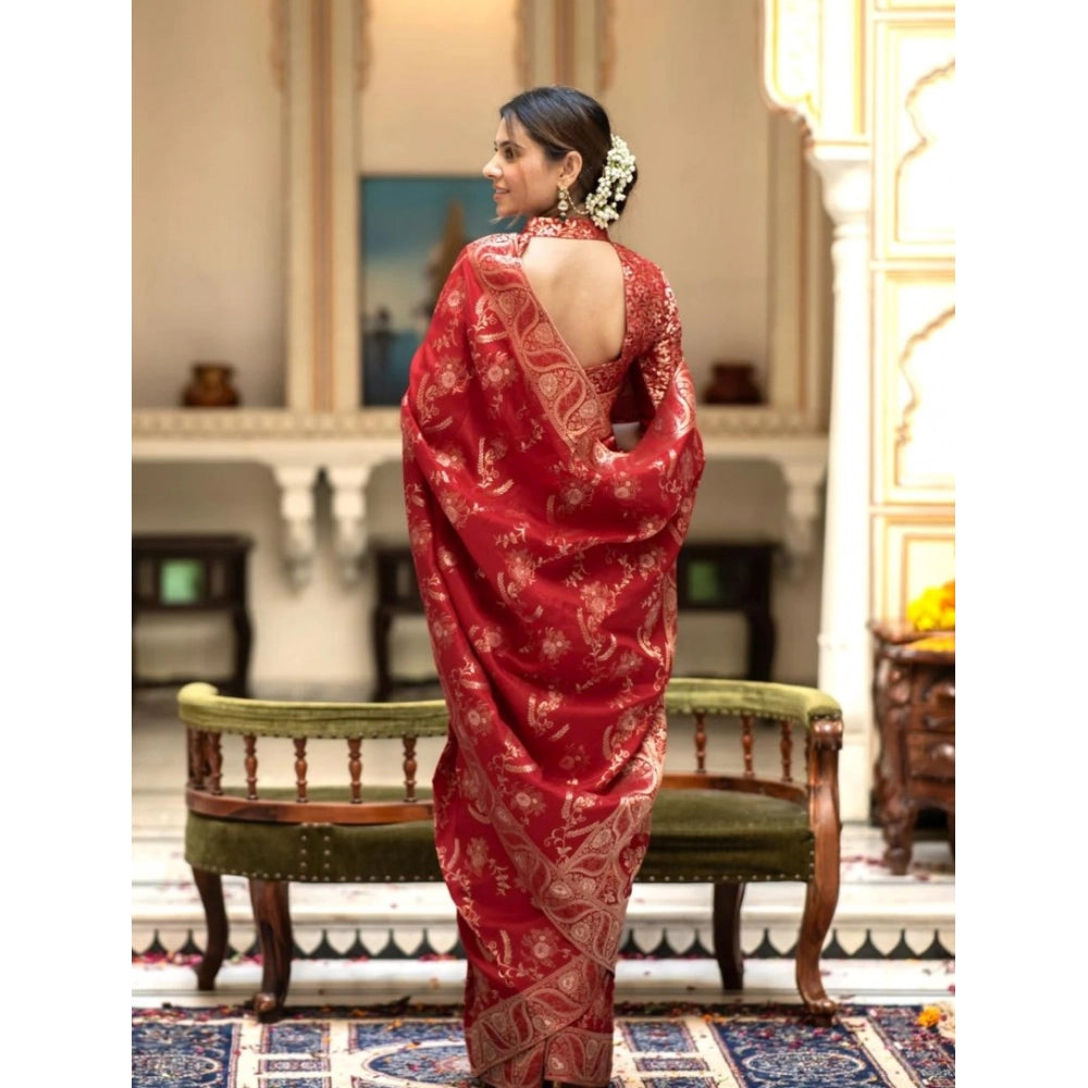Snuggle Spot Women's Silk Printed Saree With Unstitched Blouse 5.5Mtr (Red)
