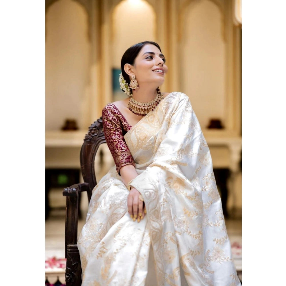 Snuggle Spot Women's Silk Printed Saree With Unstitched Blouse 5.5Mtr (White)