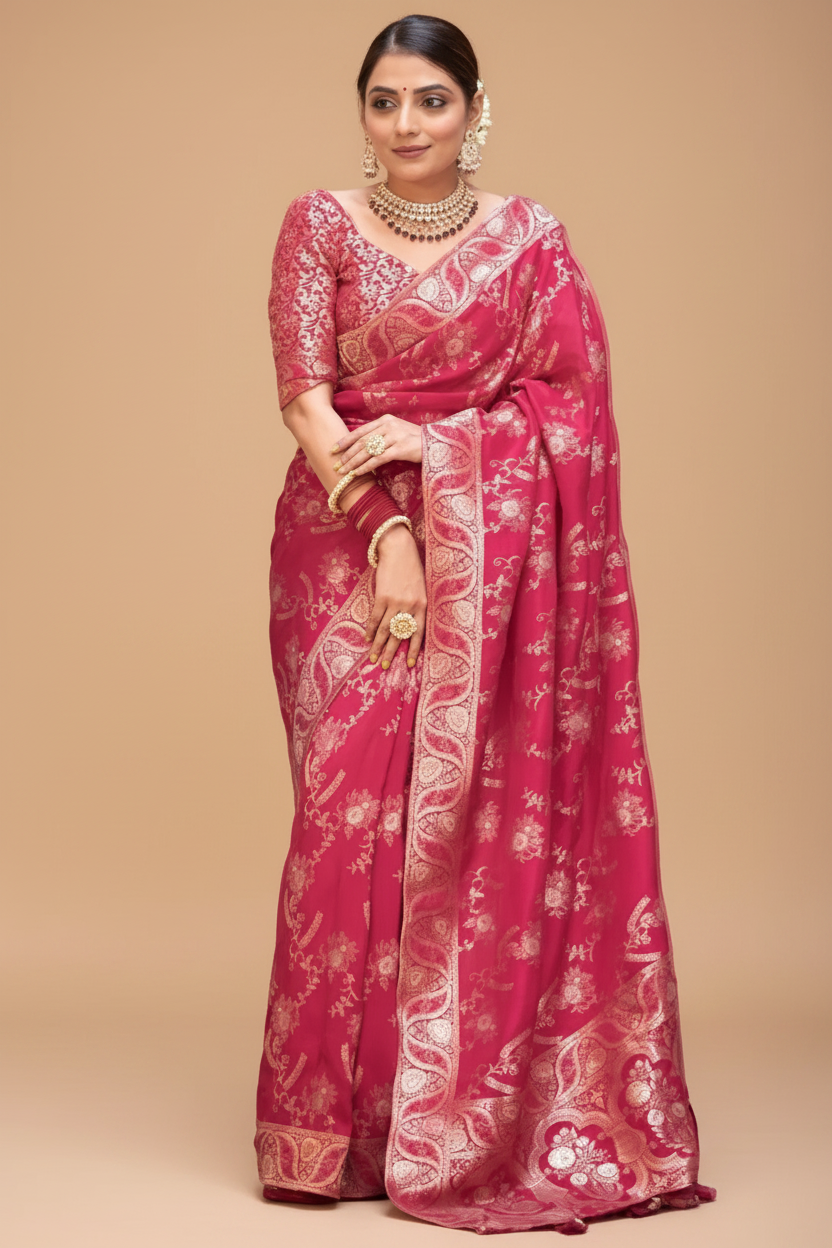Snuggle Spot Women's Silk Printed Saree With Unstitched Blouse 5.5Mtr (Pink)