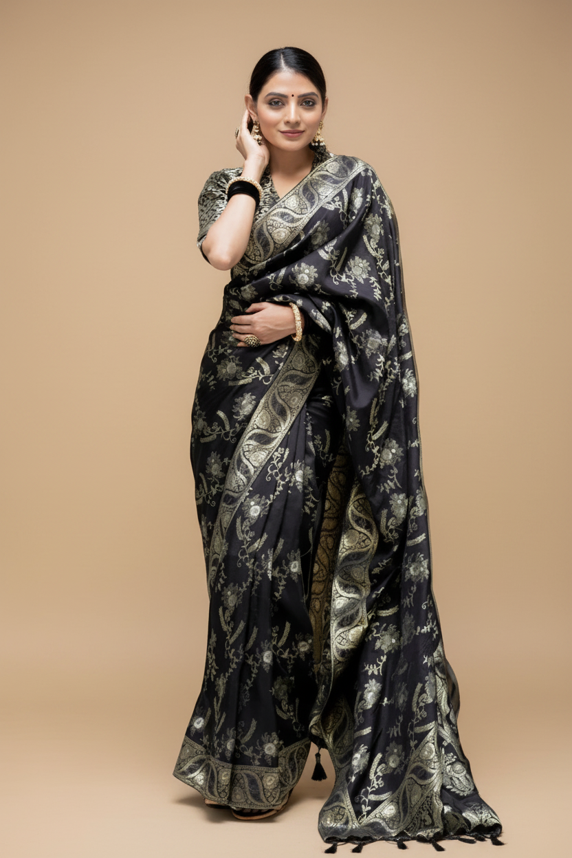 Snuggle Spot Women's Silk Printed Saree With Unstitched Blouse 5.5Mtr (Black)