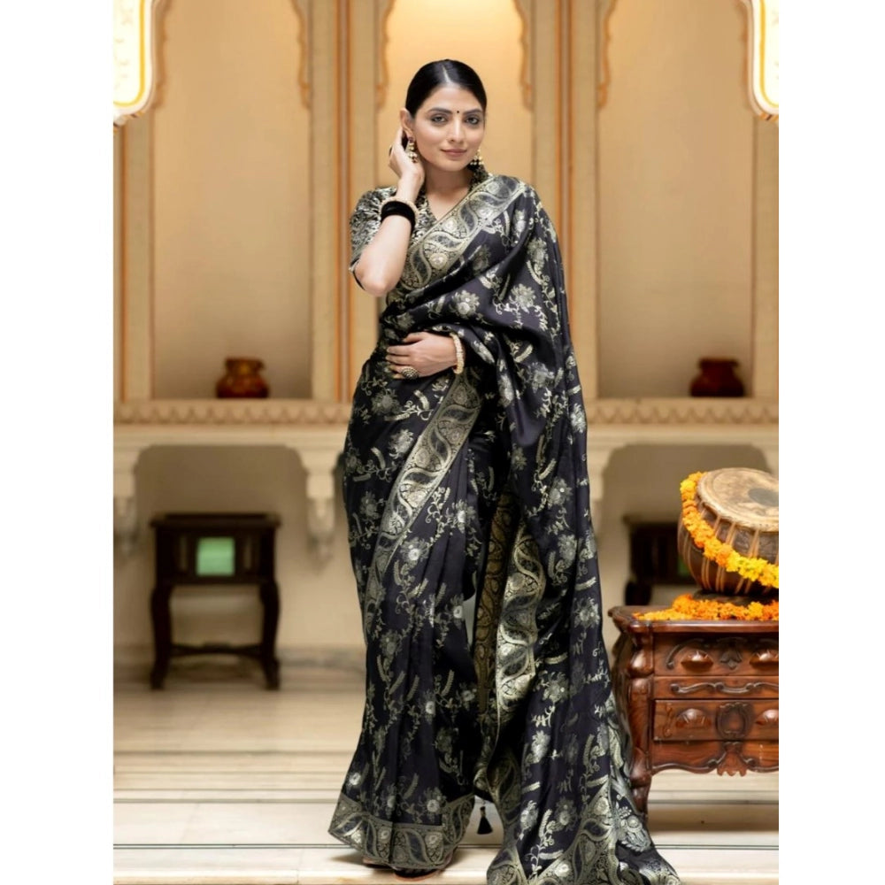 Snuggle Spot Women's Silk Printed Saree With Unstitched Blouse 5.5Mtr (Black)