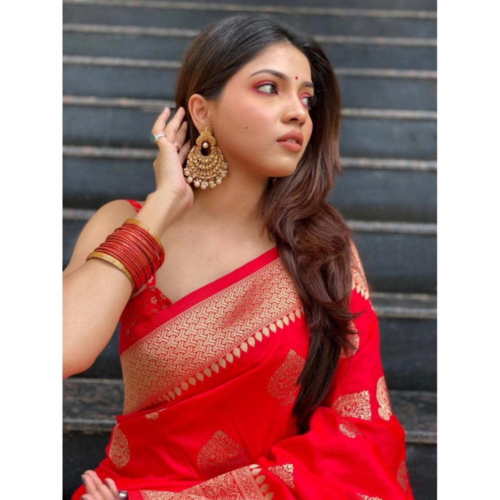 Snuggle Spot Women's Silk Printed Saree With Unstitched Blouse 5.5Mtr (Red)