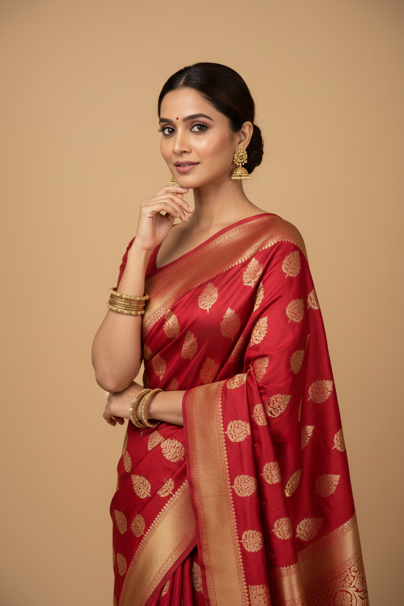 Snuggle Spot Women's Silk Printed Saree With Unstitched Blouse 5.5Mtr (Red)