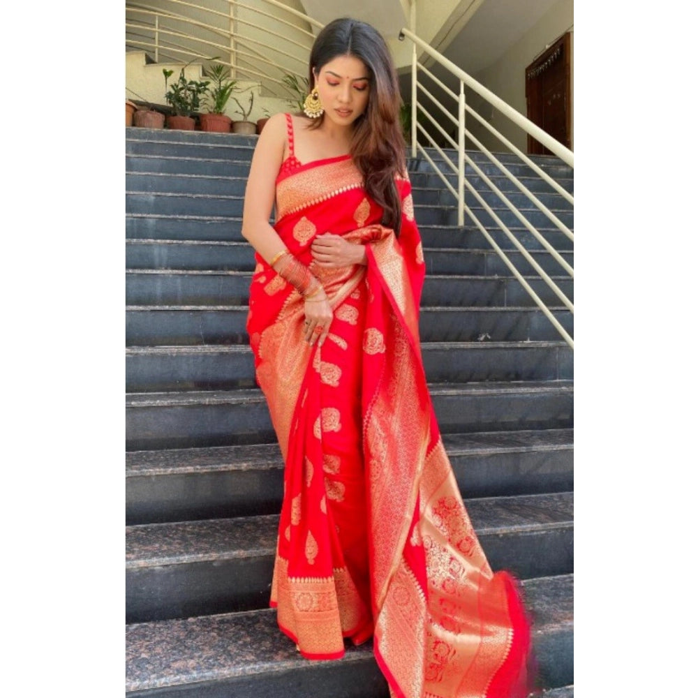 Snuggle Spot Women's Silk Printed Saree With Unstitched Blouse 5.5Mtr (Red)
