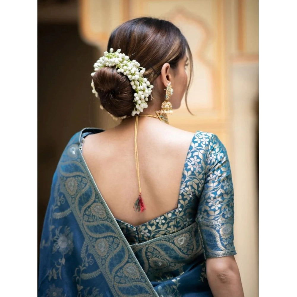 Snuggle Spot Women's Silk Printed Saree With Unstitched Blouse 5.5Mtr (Teal Blue)
