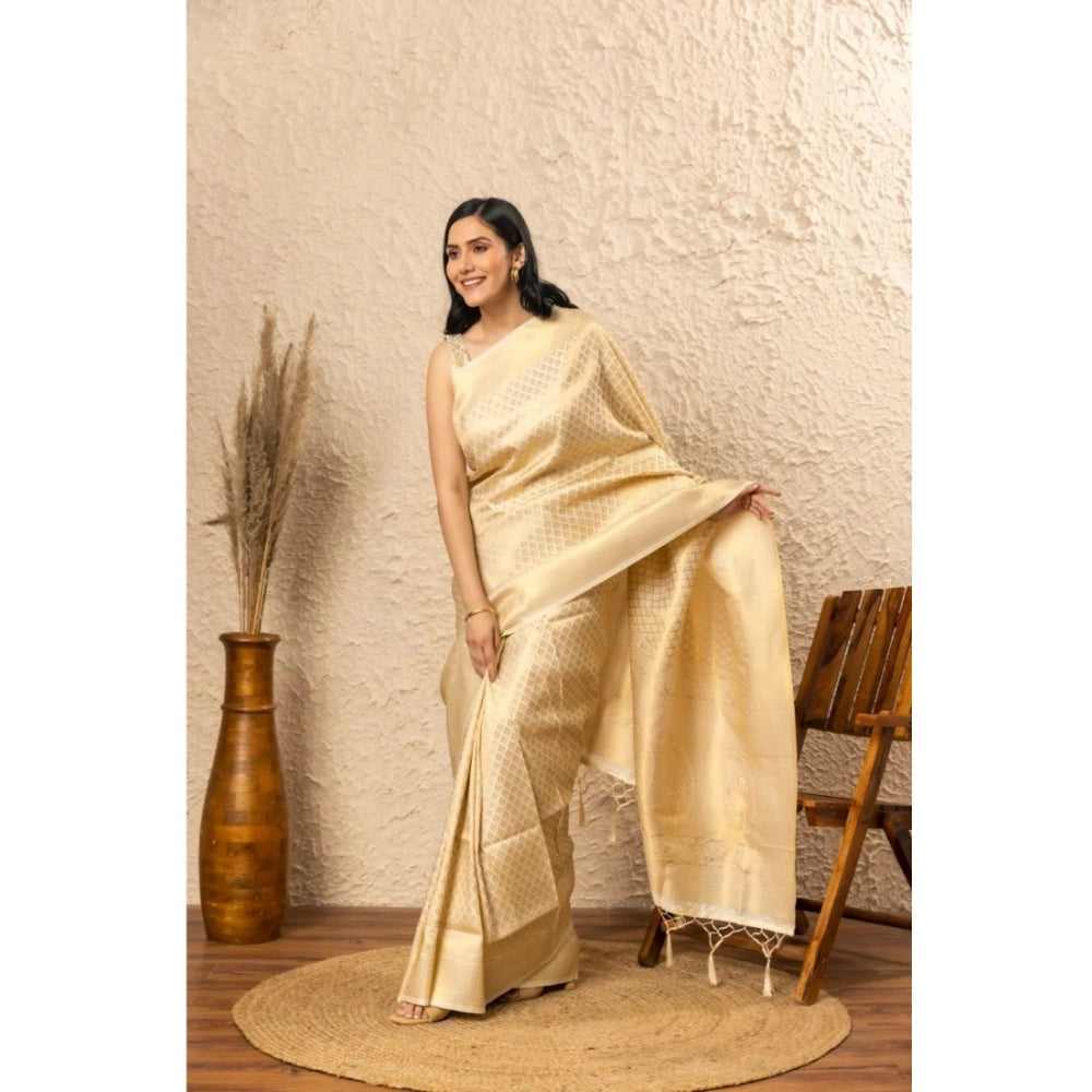 Snuggle Spot Women's Silk Printed Saree With Unstitched Blouse 5.5Mtr (Gold)