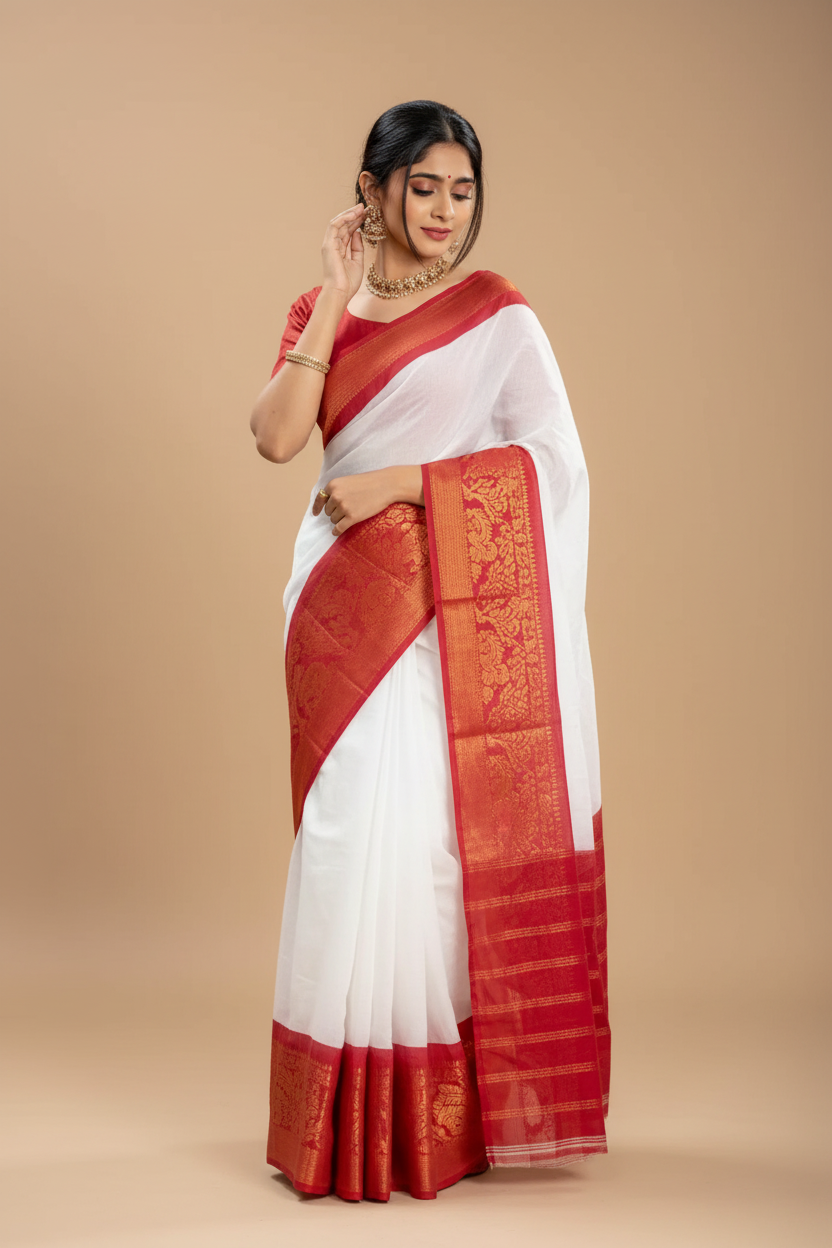 Snuggle Spot Women's Silk Printed Saree With Unstitched Blouse 5.5Mtr (White)