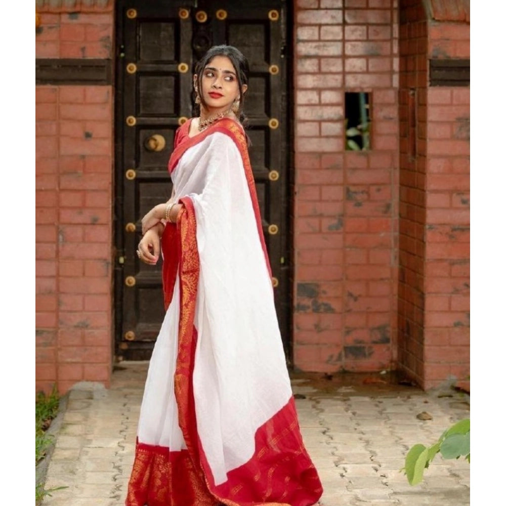 Snuggle Spot Women's Silk Printed Saree With Unstitched Blouse 5.5Mtr (White)
